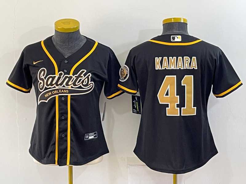 Women%27s New Orleans Saints #41 Alvin Kamara Black With Patch Cool Base Stitched Baseball Jersey